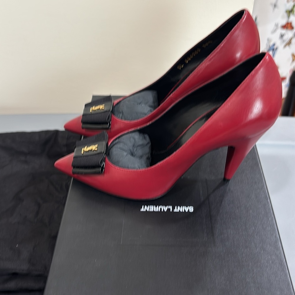 Saint Laurent Burgundy Heels with Black Bow with original box duffel bag 4shoes - Picture 3 of 9